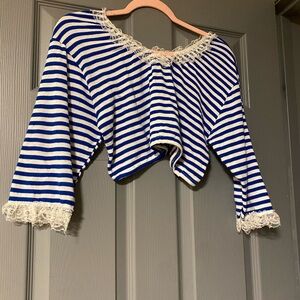 Blue and White Striped 3/4 length sleeve crop Top w/ Lace Trim - looks handmade